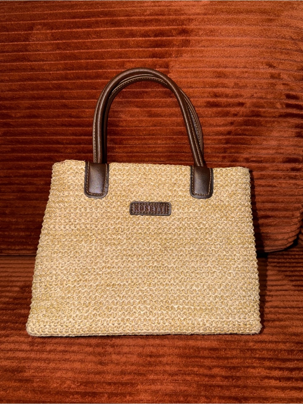 Rosetti Beige Straw Mini Tote with Brown Handles